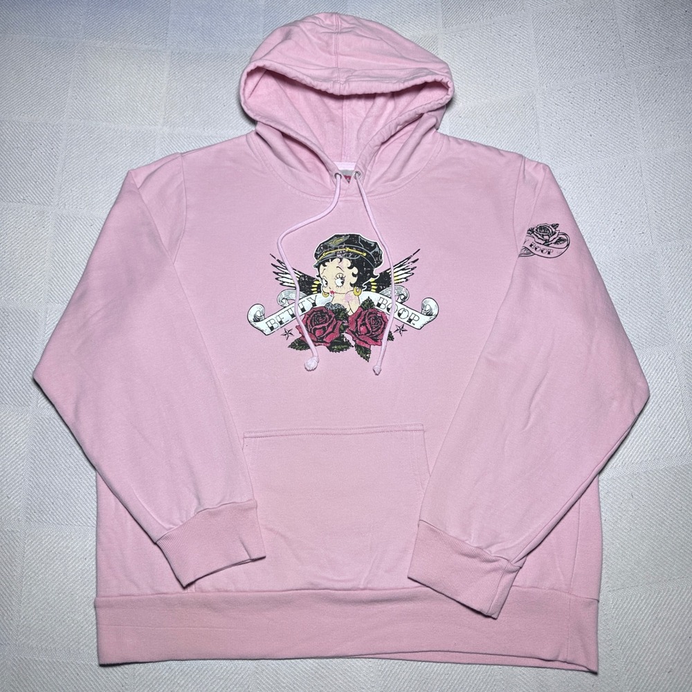 Betty Boop Hoodie Womens XL Graphic Biker Rose Glitter Pullover Pink Vintage Y2K